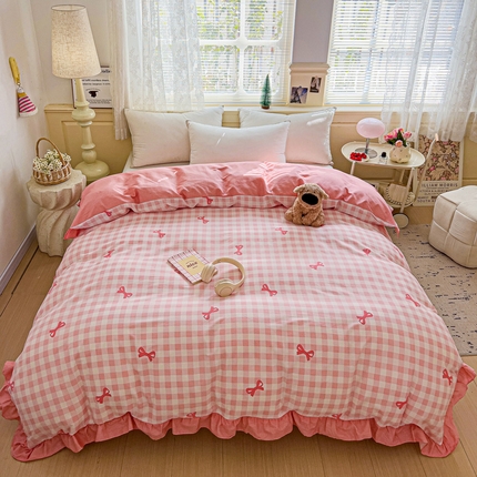 91家纺网 家纺一手货源 找家纺 忆生活家纺 2025新款韩版全棉花边款-单被套系列 蝴蝶语-粉