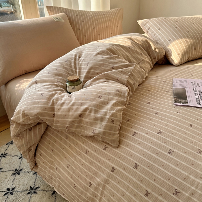 91家纺网 家纺一手货源 找家纺 三朵家纺 2025新款全棉双层纱混搭四件套 曙光-咖