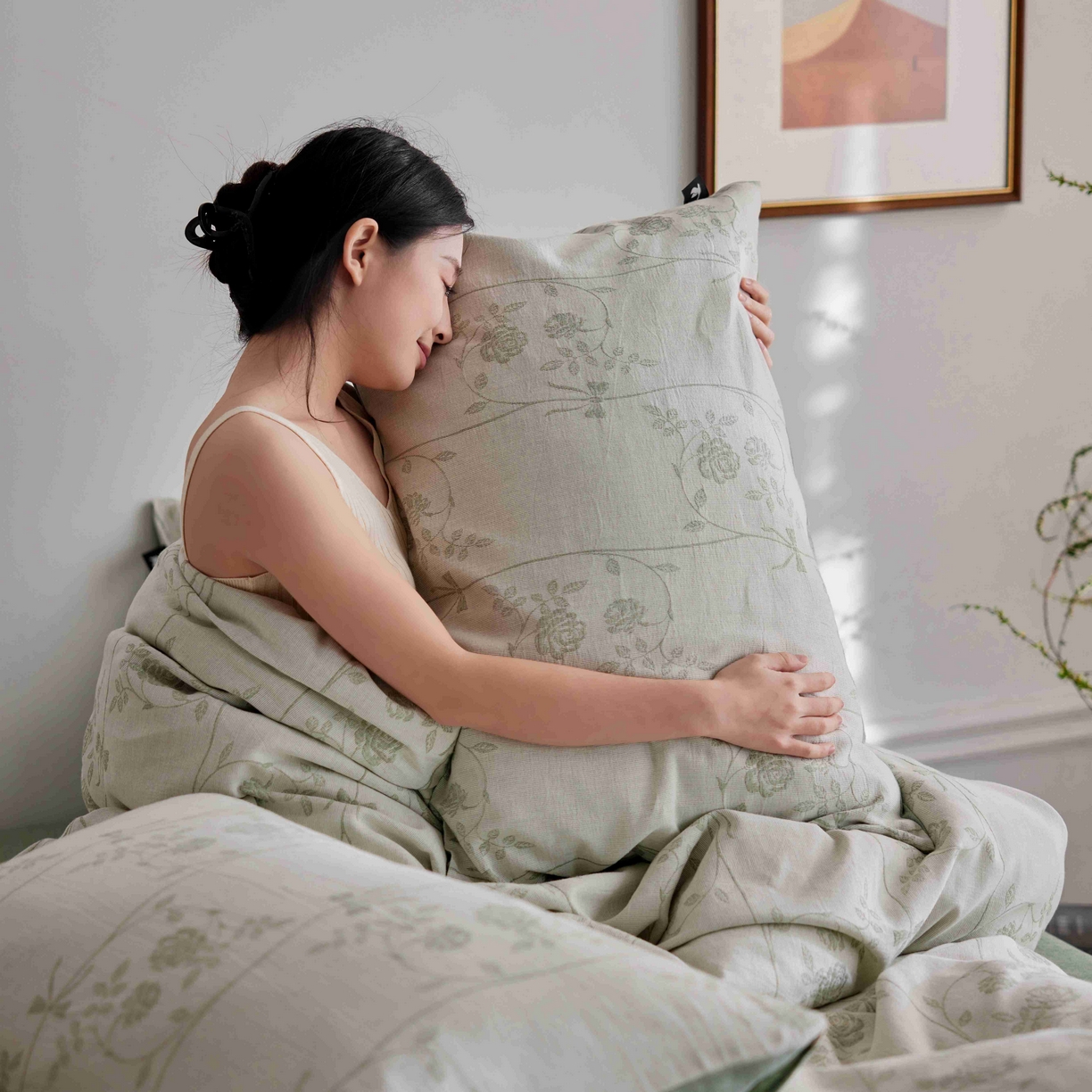 91家纺网 家纺一手货源 找家纺 安莱生活 2025新款60s双层纱色织大提花枝上玫瑰四件套系列 枝上玫瑰-草绿