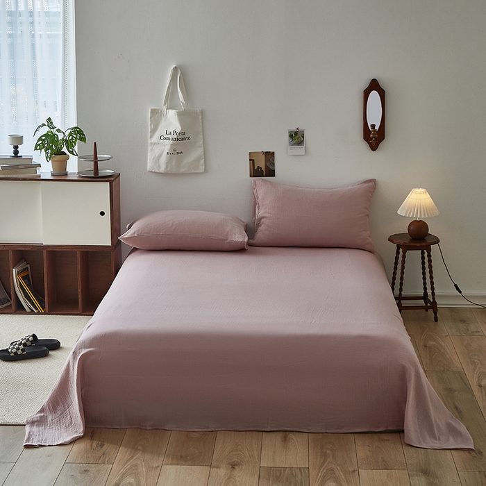 91家纺网 家纺一手货源 找家纺 水洗的故事 2025新款全棉A类皱皱纱纯色混搭四件套 奶杏