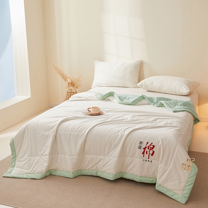 91家纺网 家纺一手货源 找家纺 熙宴家纺 2025新款水洗棉100%新疆棉花夏被-月光白 月光白+绿