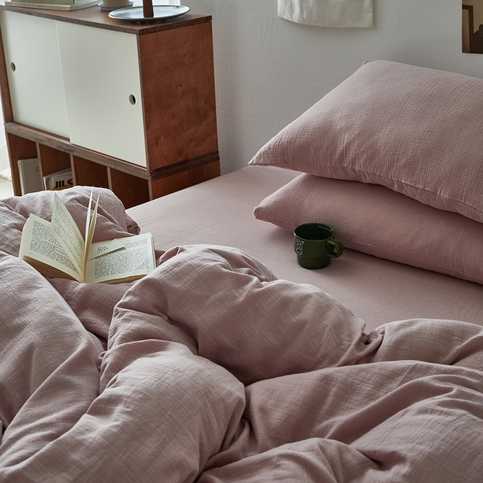 91家纺网 家纺一手货源 找家纺 水洗的故事 2025新款全棉A类皱皱纱纯色混搭四件套 奶杏