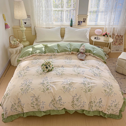 91家纺网 家纺一手货源 找家纺 忆生活家纺 2025新款韩版全棉花边款-单被套系列 仙草