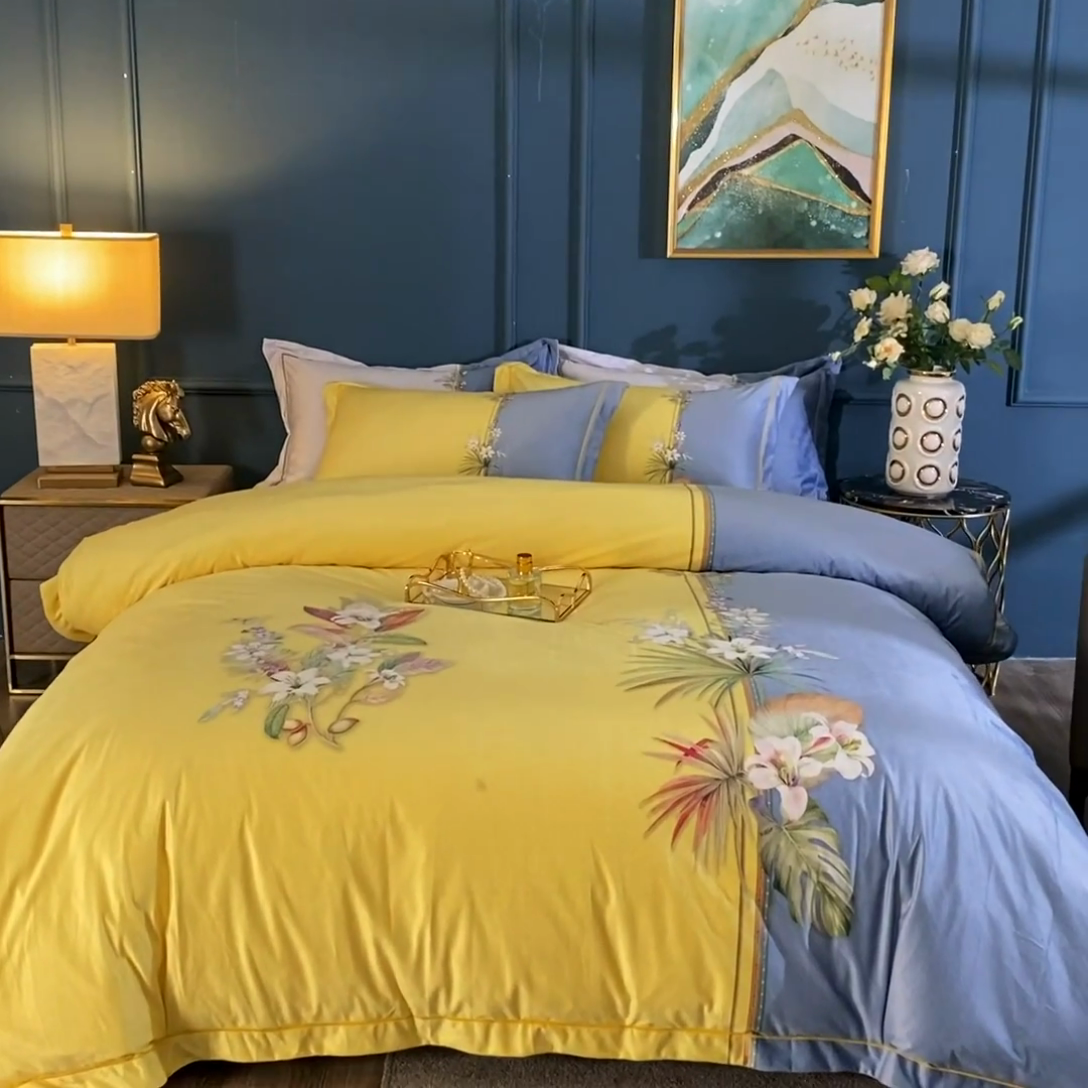 91家纺网 家纺一手货源 找家纺 梵克保罗 2025春夏新款天丝数码大版印花四件套 米莱-黄