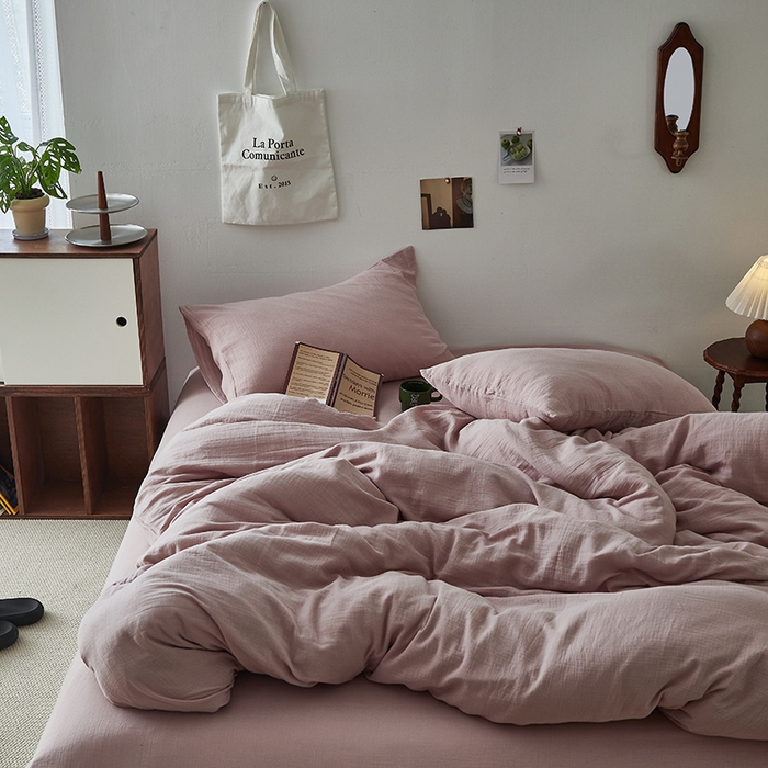 91家纺网 家纺一手货源 找家纺 水洗的故事 2025新款全棉A类皱皱纱纯色混搭四件套 奶杏