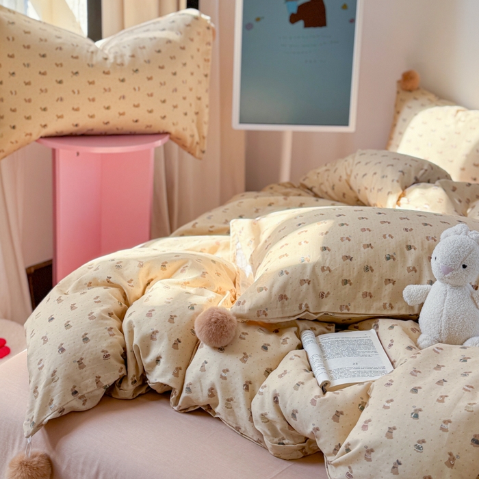 91家纺网 家纺一手货源 找家纺 金爱家 2025新款亲肤舒适纯棉双层纱四件套 双层纱-奶咖小兔