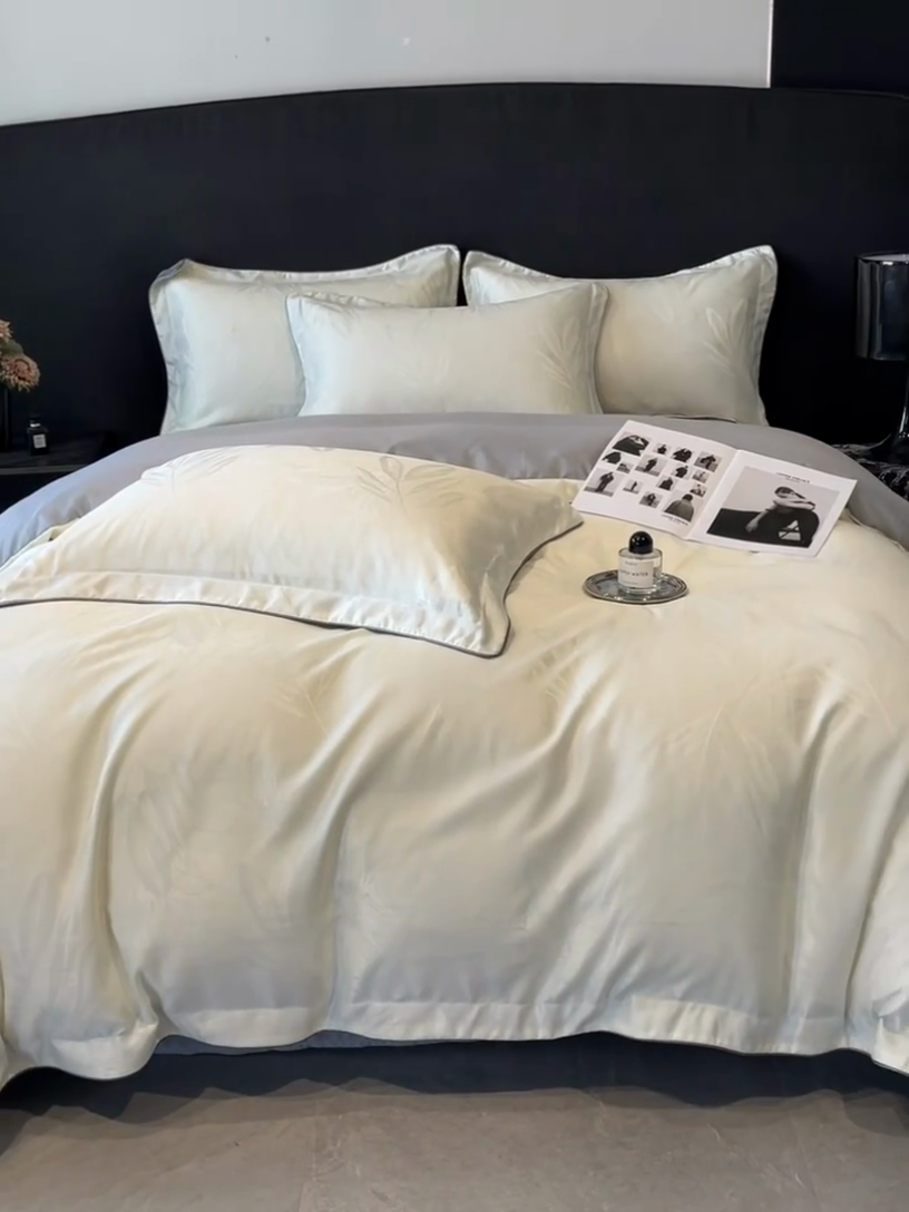 91家纺网 家纺一手货源 找家纺 米彩家纺 2025新款A类水洗真丝天丝提花四件套 一叶深清白拼灰