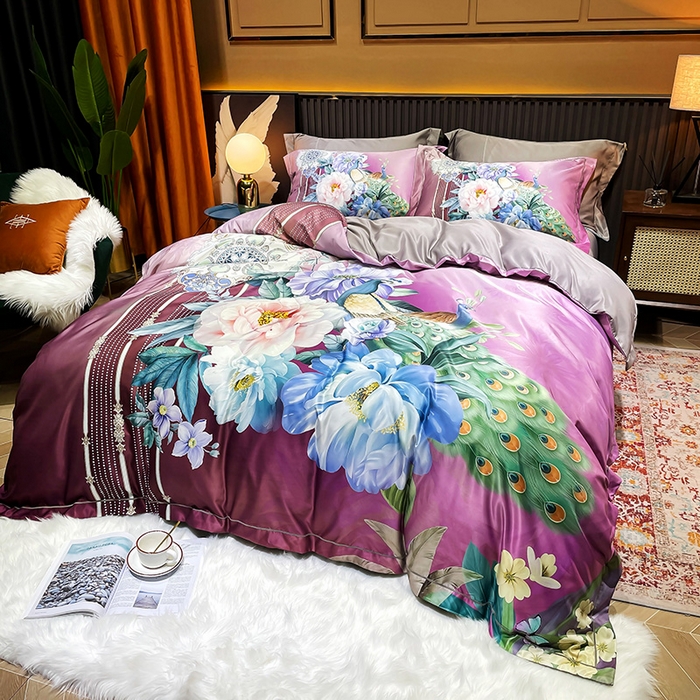 91家纺网 家纺一手货源 找家纺 梵克保罗 2025春夏新款天丝数码大版印花四件套 华尔兹-玫红