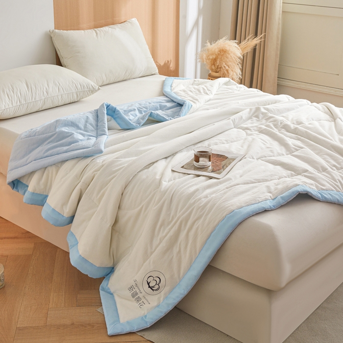 91家纺网 家纺一手货源 找家纺 熙宴家纺 2025新款水洗棉100%新疆棉花夏被-棉白 棉白+蓝