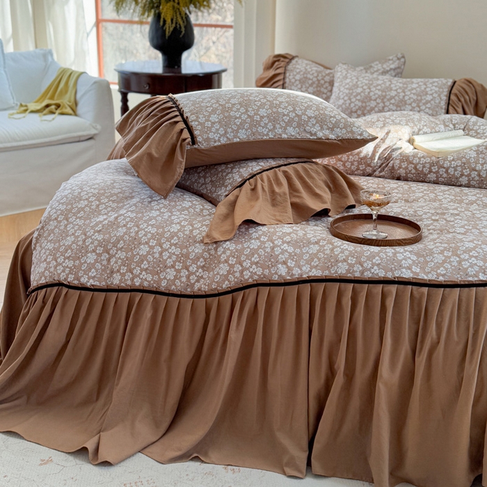 91家纺网 家纺一手货源 找家纺 沐慕 2025新款法式针织双层纱印花系列四件套 椿山集 咖