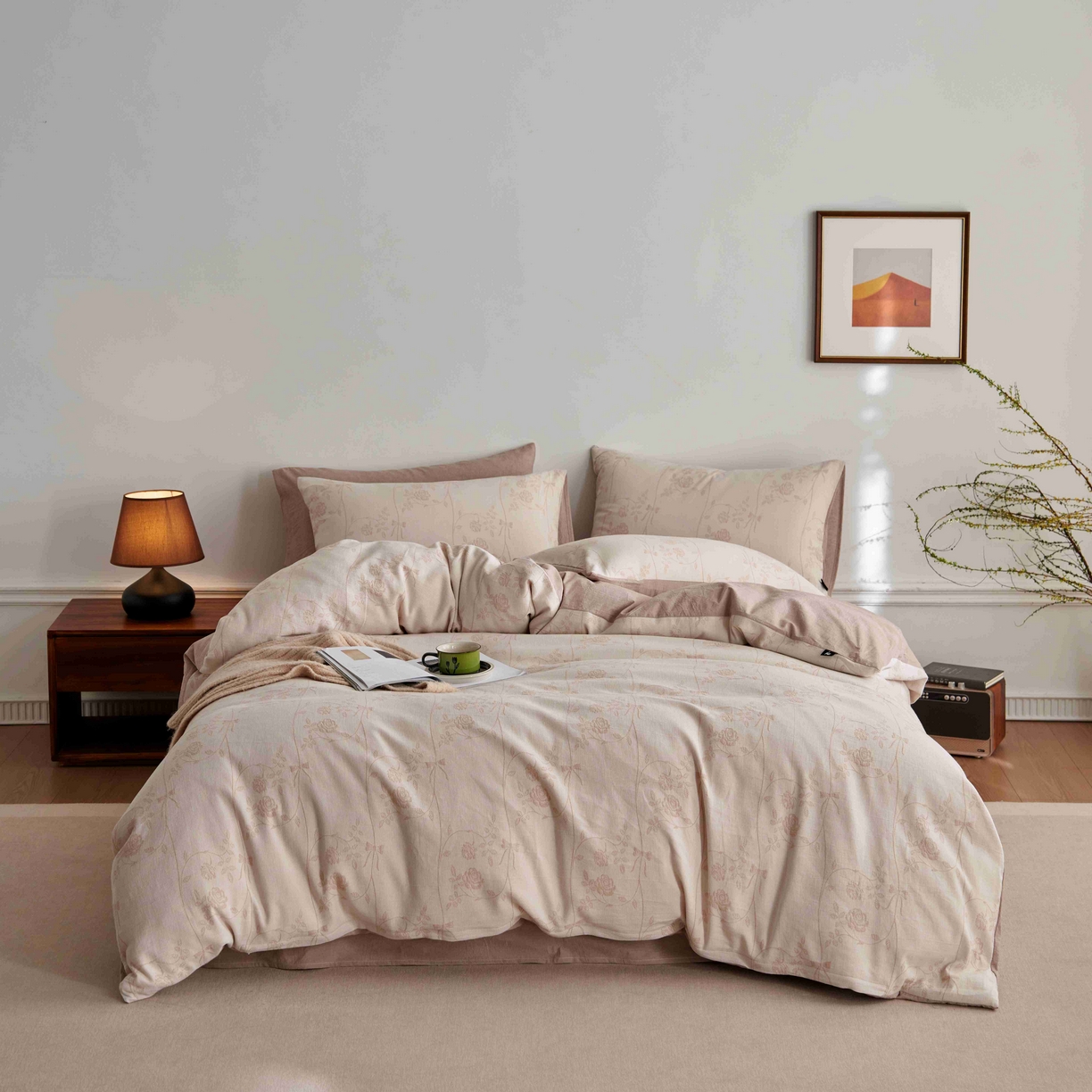 91家纺网 家纺一手货源 找家纺 安莱生活 2025新款60s双层纱色织大提花枝上玫瑰四件套系列 枝上玫瑰-卡其