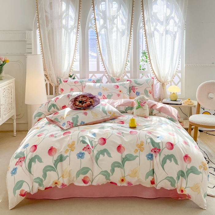 91家纺网 家纺一手货源 找家纺 宜家坊 2025早春新品全棉纯棉喷气13070小清新印花纯棉四件套-风格二 时留