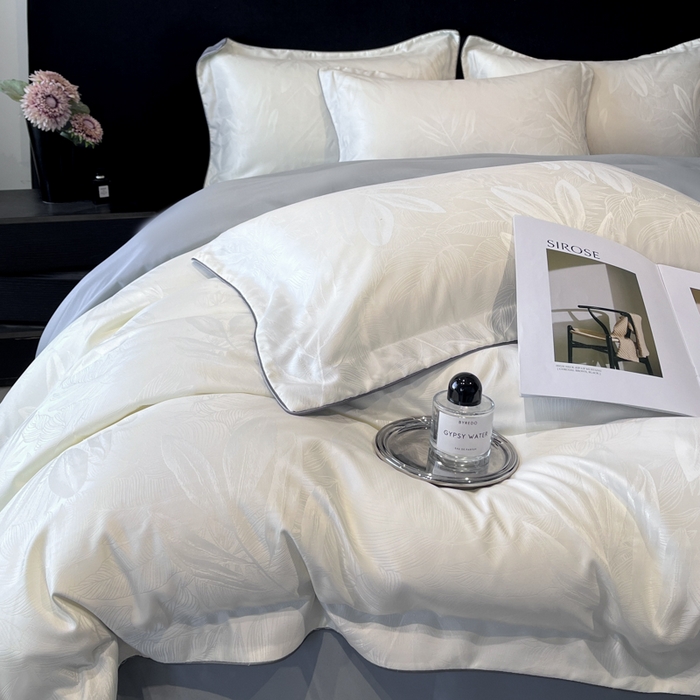 91家纺网 家纺一手货源 找家纺 米彩家纺 2025新款A类水洗真丝天丝提花四件套 一叶深清白拼灰