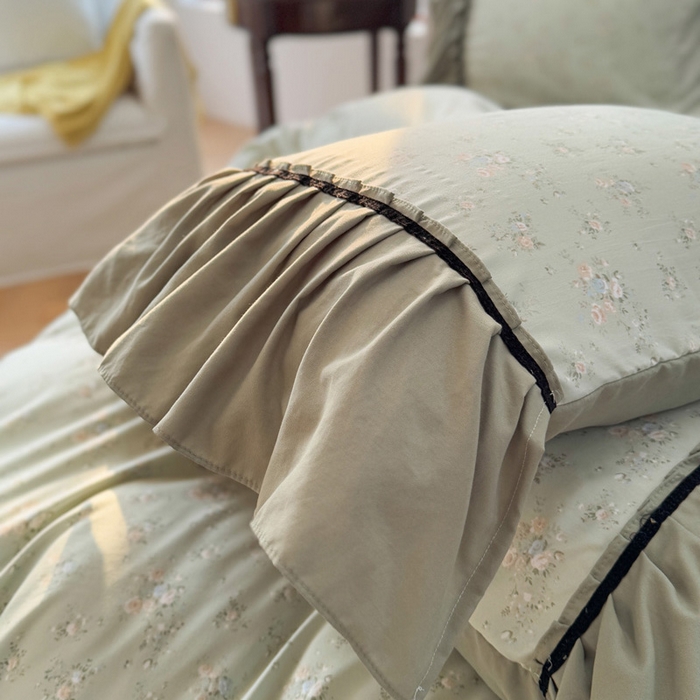 91家纺网 家纺一手货源 找家纺 沐慕 2025新款法式针织双层纱印花系列四件套 绿茶