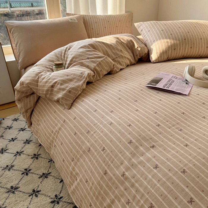 91家纺网 家纺一手货源 找家纺 三朵家纺 2025新款全棉双层纱混搭四件套 曙光-咖