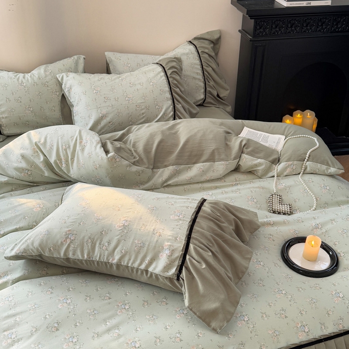 91家纺网 家纺一手货源 找家纺 沐慕 2025新款法式针织双层纱印花系列四件套 绿茶