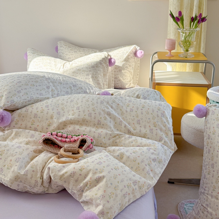 91家纺网 家纺一手货源 找家纺 金爱家 2025新款亲肤舒适纯棉双层纱四件套 双层纱-紫碎花小兔