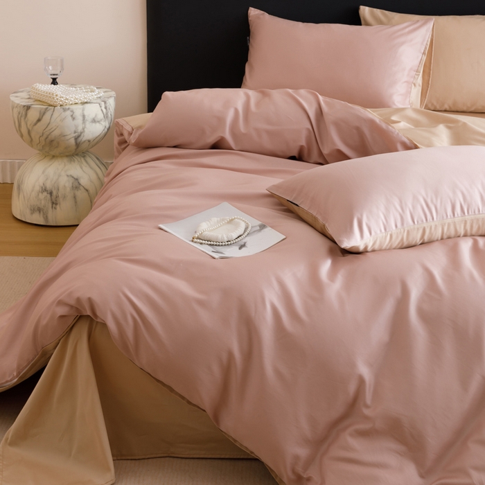 91家纺网 家纺一手货源 找家纺 2025新款60支纯棉长绒棉四件套 豆沙+香槟色