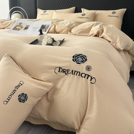 麒东家纺 2025新款刺绣水洗棉四件套山茶花系列 咖色