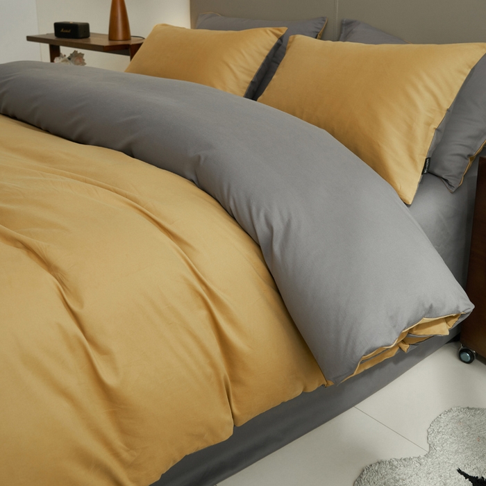 91家纺网 家纺一手货源 找家纺 2025新款全棉13372水洗棉双拼四件套（影棚亮光） 暗木幽香+宝藏灰