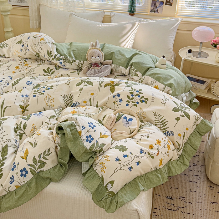 91家纺网 家纺一手货源 找家纺 忆生活家纺 2025新款韩版全棉花边款-单被套系列 桑梓绿