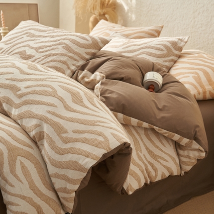 2025新款纯棉水洗棉三层斑马纹提花四件套 斑马纹四件套-咖色