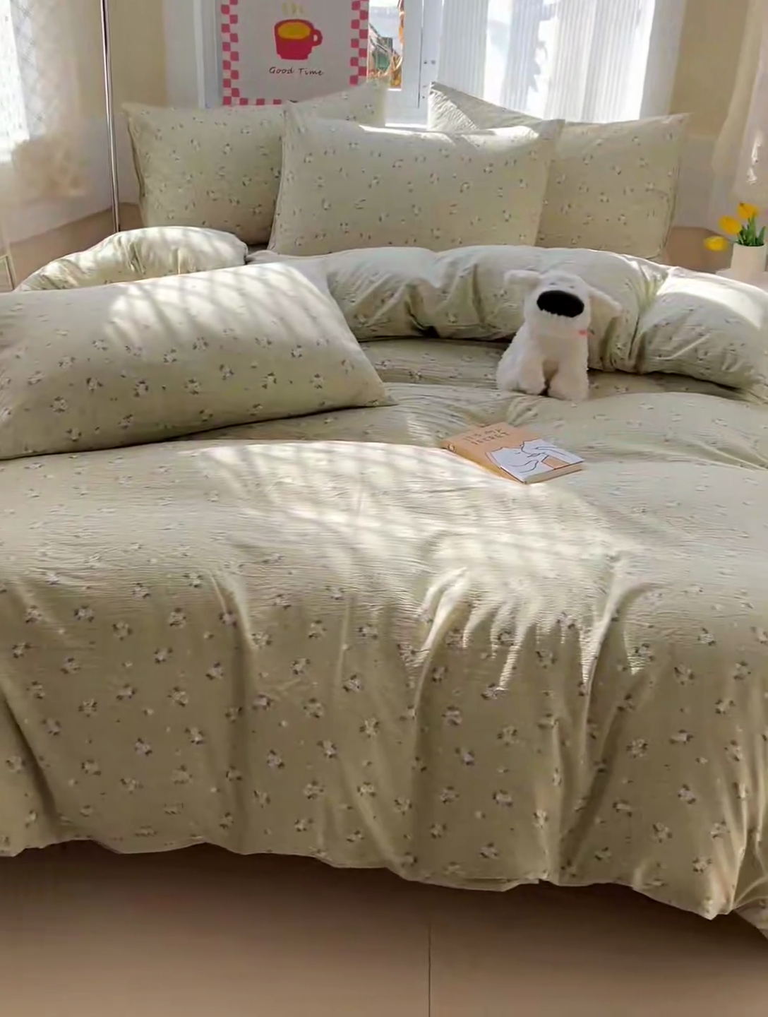 91家纺网 家纺一手货源 找家纺 优选 2025新款加厚云感棉双层纱四件套小碎花被套床单床笠款学生三件套新款直播热款 落日暮年-绿