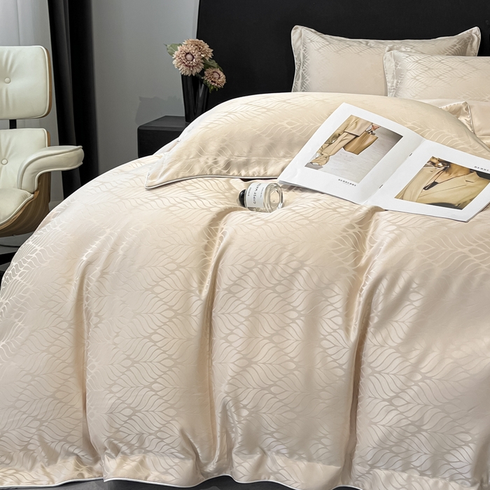 91家纺网 家纺一手货源 找家纺 米彩家纺 2025新款A类水洗真丝天丝提花四件套 小树叶浅香槟