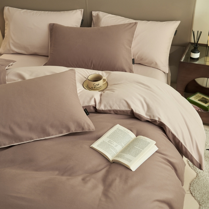 91家纺网 家纺一手货源 找家纺 2025新款全棉13372水洗棉双拼四件套（影棚暗光） 暗香紫砂+40驼