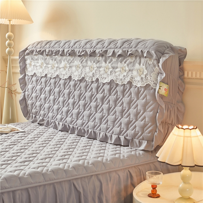 91家纺网 家纺一手货源 找家纺 十个点家纺 2025新款千鸟格磨毛绗缝夹棉纯色花边床头罩 经典浅灰