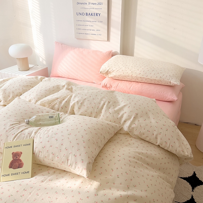 91家纺网 家纺一手货源 找家纺 DoDo 兜兜 2025新款全棉双层纱印花四件套（可定做尺寸） 朵朵小花