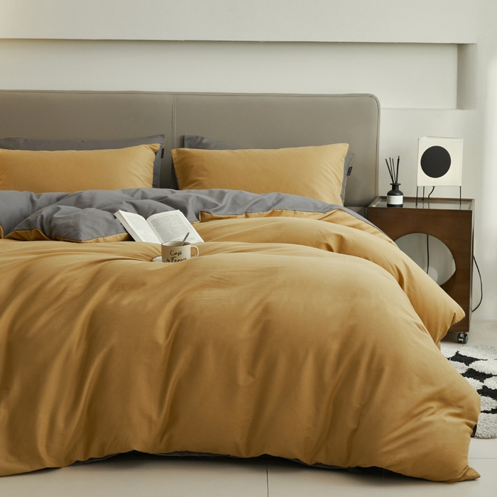 91家纺网 家纺一手货源 找家纺 2025新款全棉13372水洗棉双拼四件套（影棚亮光） 暗木幽香+宝藏灰