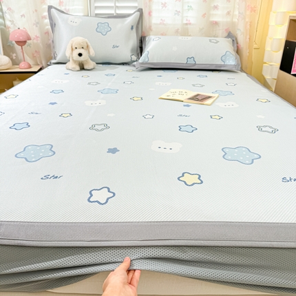 2025新款小清新数码印花床笠款冰藤席 床笠星塔小熊