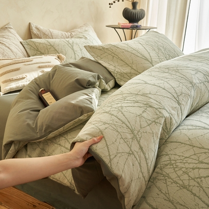 2025新款纯棉水洗棉三层丛林提花四件套 丛林四件套-墨子绿