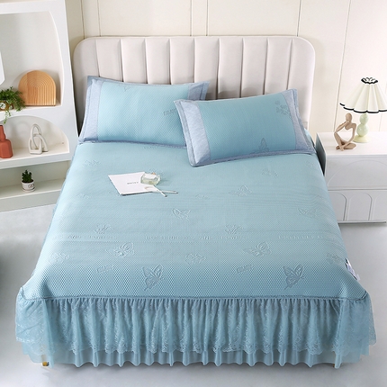 91家纺网 家纺一手货源 找家纺 莱轩席业 2025新款A类加厚豆豆床裙款凉席 蝶恋花蓝