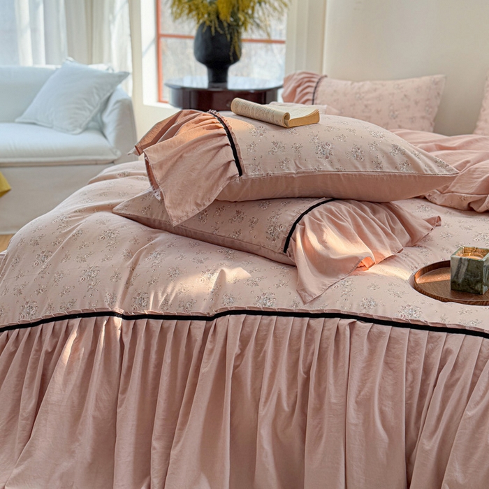 91家纺网 家纺一手货源 找家纺 沐慕 2025新款法式针织双层纱印花系列四件套 春和