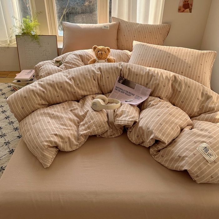 91家纺网 家纺一手货源 找家纺 三朵家纺 2025新款全棉双层纱混搭四件套 曙光-咖