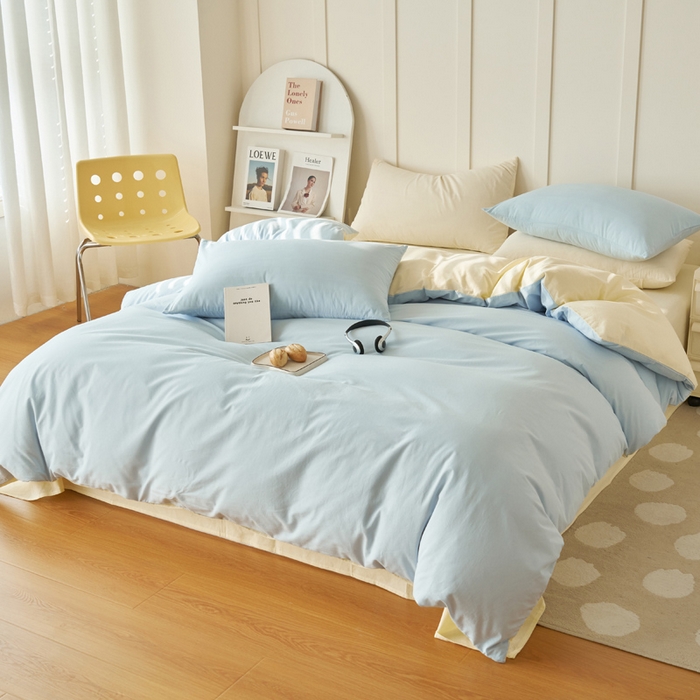 91家纺网 家纺一手货源 找家纺 2025新款全棉13372水洗棉双拼四件套（自然光） 天蓝+米黄
