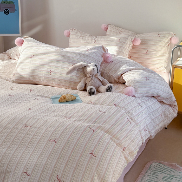 91家纺网 家纺一手货源 找家纺 金爱家 2025新款亲肤舒适纯棉双层纱四件套 双层纱-彩条蝴蝶结