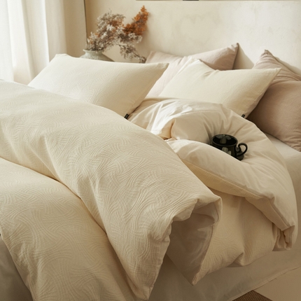 2025新款纯棉水洗棉三层线球纹提花四件套 毛线纹四件套-本白