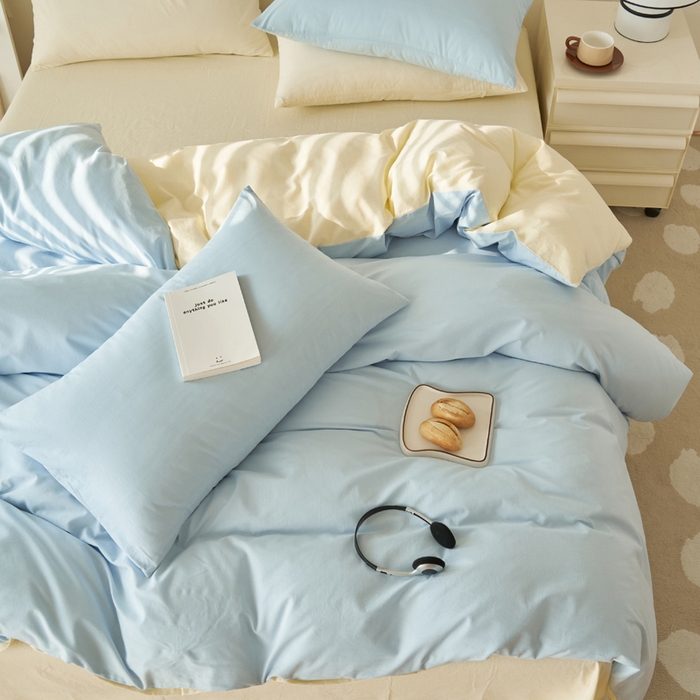 91家纺网 家纺一手货源 找家纺 2025新款全棉13372水洗棉双拼四件套（自然光） 天蓝+米黄