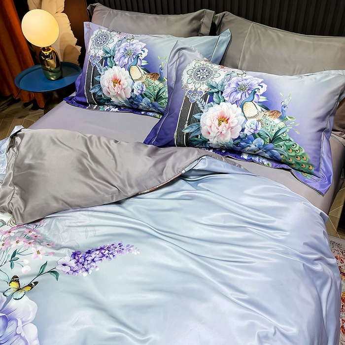 91家纺网 家纺一手货源 找家纺 梵克保罗 2025春夏新款天丝数码大版印花四件套 华尔兹-紫