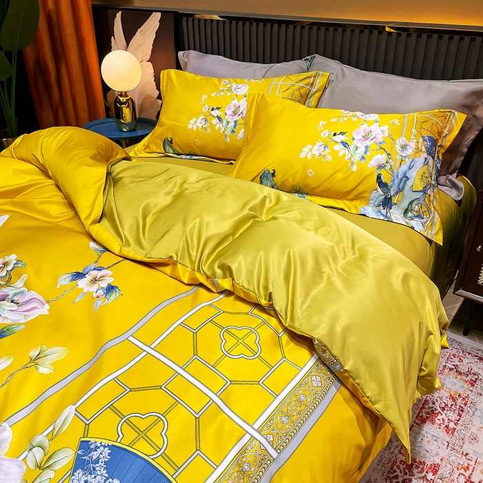 91家纺网 家纺一手货源 找家纺 梵克保罗 2025春夏新款天丝数码大版印花四件套 奥洛琳-金