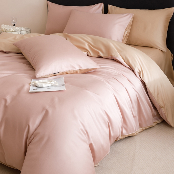 91家纺网 家纺一手货源 找家纺 2025新款60支纯棉长绒棉四件套 豆沙+香槟色