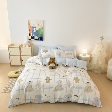 91家纺网 家纺一手货源 找家纺 宜家坊 2025开春新品全棉喷气13070小清新印花纯棉全棉四件套-风格一 玩偶派对