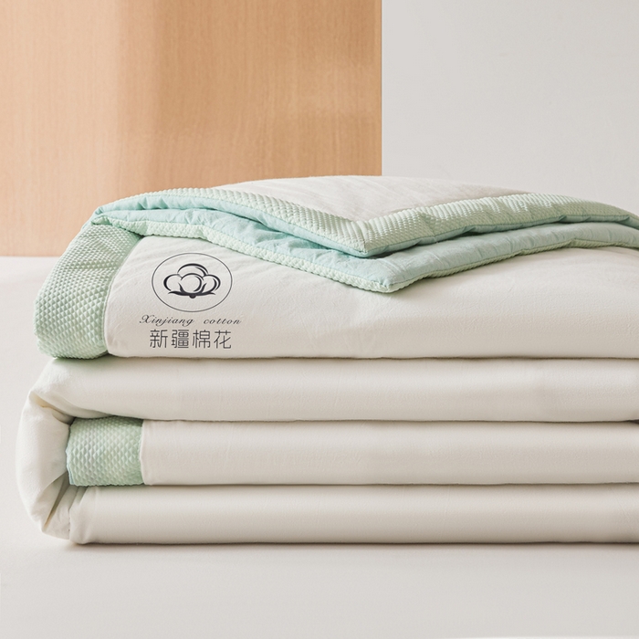 91家纺网 家纺一手货源 找家纺 熙宴家纺 2025新款水洗棉100%新疆棉花夏被-棉白 棉白+绿