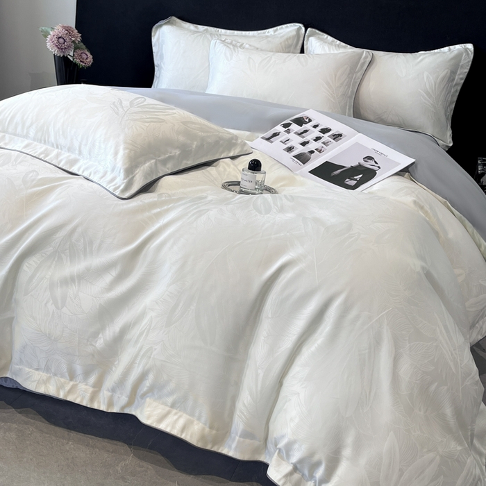 91家纺网 家纺一手货源 找家纺 米彩家纺 2025新款A类水洗真丝天丝提花四件套 一叶深清白拼灰