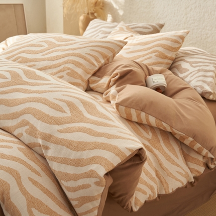 2025新款纯棉水洗棉三层斑马纹提花四件套 斑马纹四件套-驼色