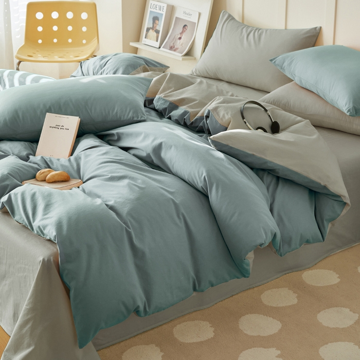 91家纺网 家纺一手货源 找家纺 2025新款全棉13372水洗棉双拼四件套（自然光） 安然蓝+毛毯灰