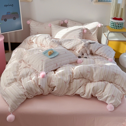 金爱家 2025新款亲肤舒适纯棉双层纱四件套 双层纱-彩条蝴蝶结